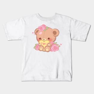 Pink Rose Floral Valentine Teddy Bear Hugging a Heart Kids T-Shirt